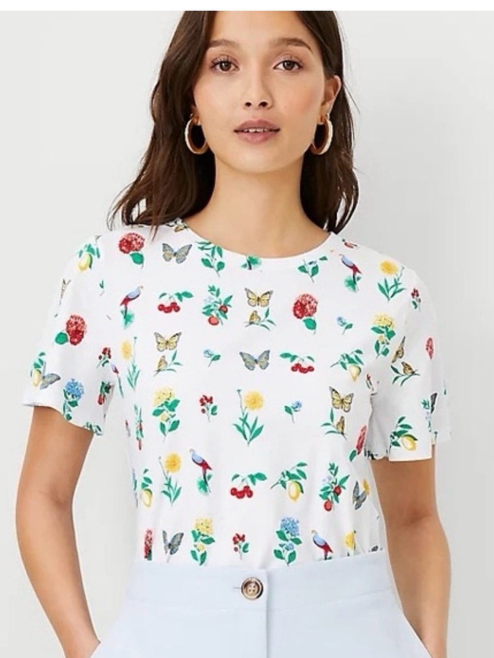 Ann Taylor White Floral, Butterfly & Bird Print Short Sleeve Tee